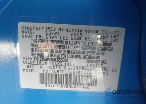 2021 Nissan Kicks S Xtronic Cvt из США, поврежденный, VIN 3N1CP5BV8ML555062